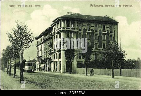 Fribourg Freiburg Stadt Schweiz, Hotel Pension de Rome, Boulevard, Tram | usage worldwide Stock Photo