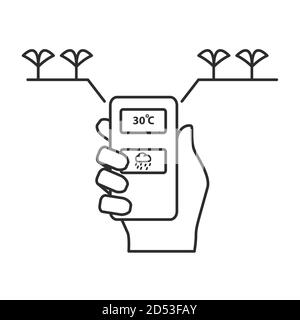 Farmer holds a smartphone with data from a drone about plants. Stock Vector