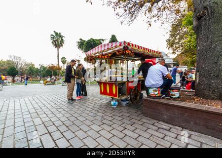 Istanbul, Turkey,  fast food vendors selling sweetcorn and chestnuts between the Blue Mosque and Hagia Sophia, on October 30 2019 in Turkey Stock Photo