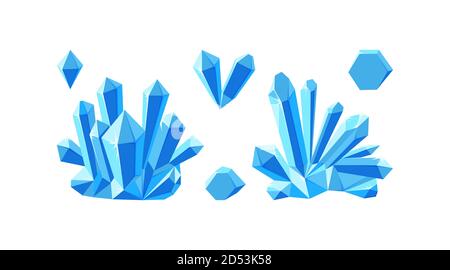Ice crystals isolated in white background. Set of druses and separate crystals made of blue mineral. Vector illustration in cartoon style Stock Vector