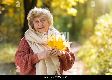 Gray-haired, smiling elderly woman in an autumn park. Happy old age, walking in nature, positive emotions. Stock Photo