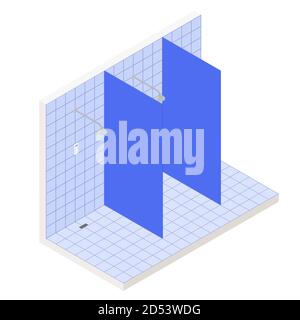 Isometric showers cabins in pool or gym. Vector interior illustration of bath room Stock Vector