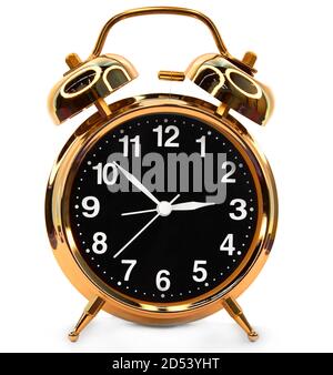golden alarm clock on a white background. Stock Photo