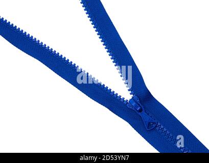 Blue zipper lock for jacket on white background isolate. Stock Photo