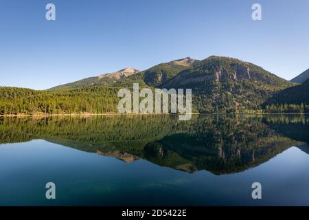 Holland Lake and Falls trail in Flathead National Forest, Montana. USA. Back to Nature concept. Stock Photo