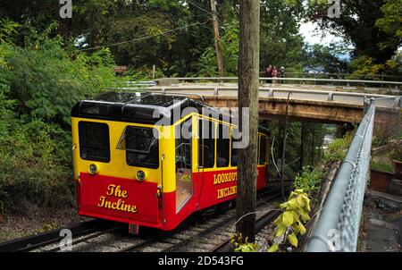 The inclined plane funicular railway, known as the Incline, seen climbing Lookout Mountain, TN Stock Photo