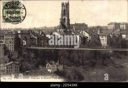 Fribourg. Vue de la Ville depuis la vallée de Gotteron avec le Pont suspendu du Gotteron. von