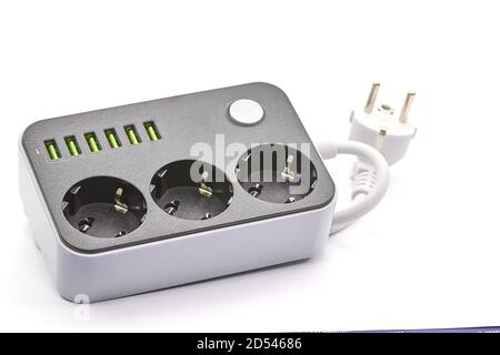 Extension Socket with USB Port on white background for charging phones and electronic devices Stock Photo