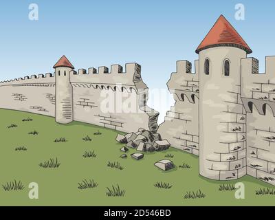 Broken wall medieval castle graphic color sketch illustration vector Stock Vector