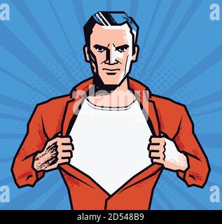 Businessman rips his shirt. Super strong man vector illustration in style comic pop art Stock Vector