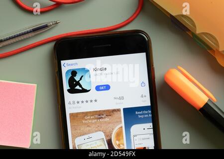 New York, USA - 29 September 2020: Kindle mobile app logo on phone screen close up, Illustrative Editorial Stock Photo
