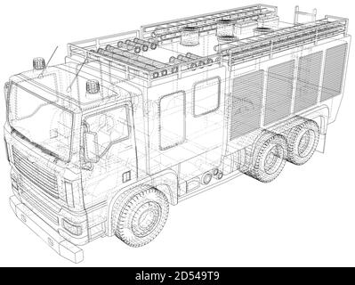 Vector Wire-frame isolated Fire truck on background. Vector rendering of 3d Stock Vector