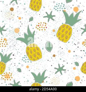 Hand Drawn Seamless Pattern with pineapples, leaves and stars.Great for wedding cards, postcards, t-shirts, bridal invitations, brochures, posters, gi Stock Vector