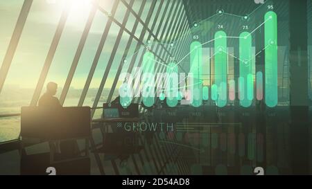 Corporate background office and holographic growth infographic. Stock Photo