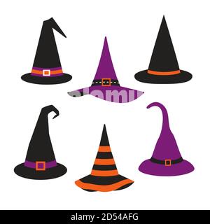 Halloween witch hats flat color vector icon set Stock Vector