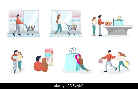 Young couple shopping in supermarket. Male and female buying products in grocery store. Man and woman shop customers purchase and consumption goods set. Cartoon mall consumers vector eps illustration Stock Vector