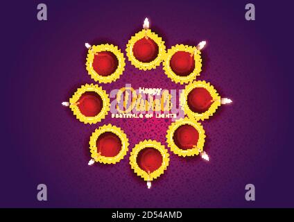 Happy Diwali celebration background. Top view of banner design decorated with illuminated oil lamps on patterned darkbackground. vector illustration Stock Vector