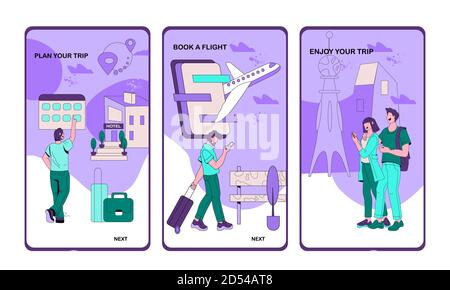 Booking online for tourism and traveling onboarding screens vector illustration. Stock Vector