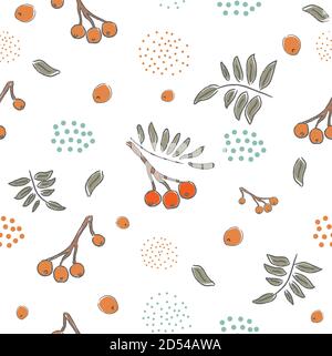 Winter Seamless Pattern with hand drawn cute rowan berries on white background. For posters, wrapping paper, card, postcards, wall art, textile, wall Stock Vector