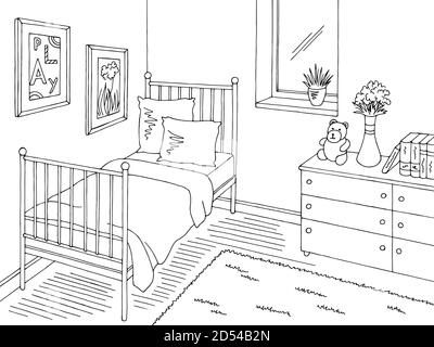 Children room graphic black white interior sketch illustration vector Stock Vector