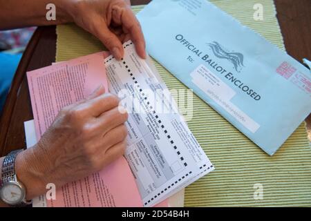 Austin, Texas, October 12, 2020: Woman encloses her completed mail-in absentee ballot into the provided official envelope. The form must to be either mailed back or dropped off in person in time to be counted before the November 3rd election day. Stock Photo