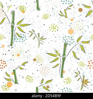 Seamless Pattern with hand drawn bamboo on modern dotted background. Great for swatches, fabric, textile, textures, wall art, gift/wrapping paper, etc Stock Vector
