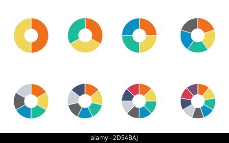 Infographic pie chart set. Cycle collection - 2,3,4,5,6,7 and 8 section. Vector isolated on white background . Stock Vector