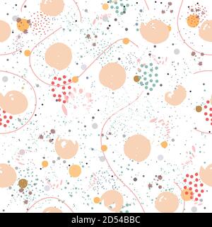 Seamless Pattern on grunge background with colorful dots, paint splashes, curves, circles, ink brush, etc. Hand Drawn Design. Great for wall art desig Stock Vector