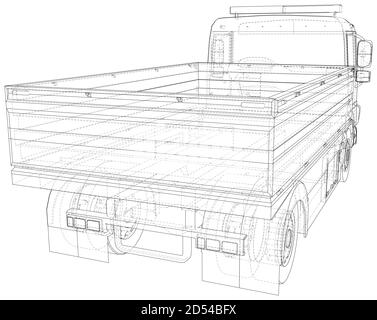 Flatbed truck vector illustration. Wire-frame line isolated. Vector rendering of 3d Stock Vector