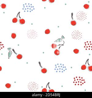 Cute Seamless Pattern cherries background. hand Drawn Delicate Design Stock Vector