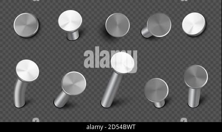 Iron nails hammered in wall, straight and bent steel spikes with circle head. Vector realistic set of metal pins, hardware hobnails, carpentry and construction tools isolated on transparent background Stock Vector