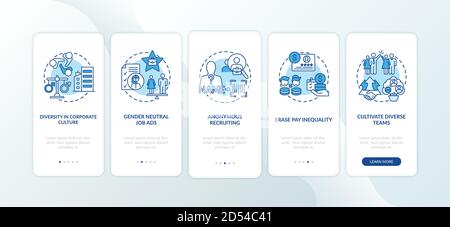 Gender diversity implementation tips onboarding mobile app page screen with concepts Stock Vector