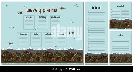 Weekly planner, To do list, Notes, Wish list with wooden houses, mountains and snow helicopters and trees in autumn Stock Vector