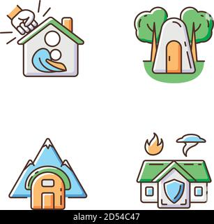 Temporary safe residence RGB color icons set Stock Vector