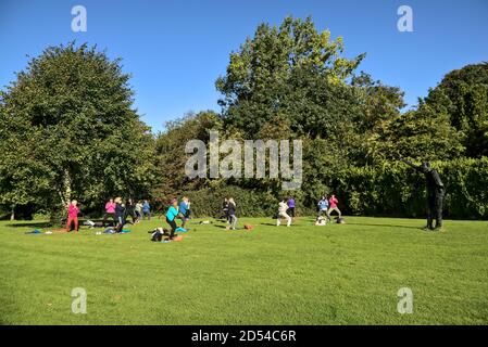 Big group of adult people attending yoga class, practicing social distancing and exercising yoga outside on lawn on sunny day in Marlay Park, Dublin Stock Photo