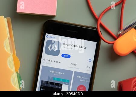 New York, USA - 28 September 2020: Koder Code Editor mobile app logo on phone screen close up, Illustrative Editorial Stock Photo