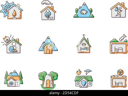 Shelters types RGB color icons set Stock Vector