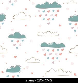 Cute Seamless pattern with hearts and clouds raining hearts on paper background. Vector Illustration Stock Vector