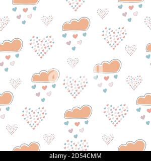 Seamless Cute Pattern with clouds raining with hearts and grouped mosaic hearts on white background. Cute decorative swatch. Vector Illustration Stock Vector