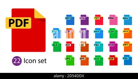 Collection of vector icons. File format extensions icons. PDF, DOC, JPG, PSD, MP3, TXT DOC DOCx ZIP PPT XLS Stock Vector