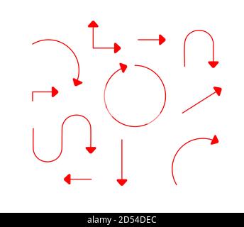 Big Set Arrows and directions signs. thin red line and arrow. Vector isolated on white background. Easily edit the thickness of lines. Stock Vector