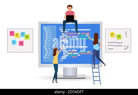 Team writes code programming for a game, app or website. Concept for web page, banner, social media. Vector illustration isolated on white background. Stock Vector