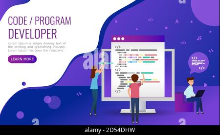 Concept for web page, banner, social media. The team writes code programming for the site. Website design development. Vector illustration in ultraviolet color. Stock Vector