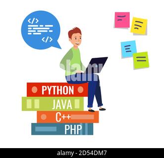 The programmer sits on a stack of books thinking and working on the computer. around colored papers with tasks. Vector illustration isolated on white Stock Vector