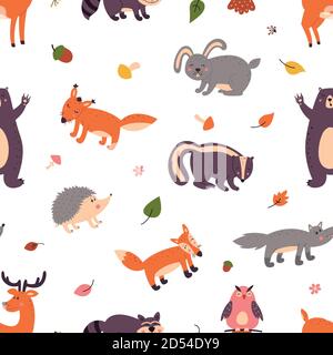 Set of cute forest animals on a white isolated background. Pattern. Stock Vector