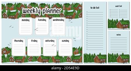 Weekly planner from Monday to Sunday, to do and wish list, notes with wooden houses and forest, christmas trees and bikes Stock Vector