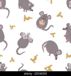 Cute mouse pattern with cheese on white vector background. Stock Vector