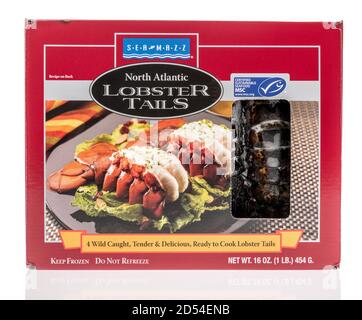 Winneconne, WI - 6 October 2020:  A package of Sea Mazz north atlantic lobster tails on an isolated background. Stock Photo