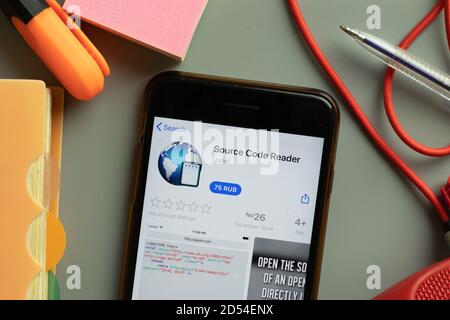 New York, USA - 28 September 2020: Source Code Reader mobile app logo on phone screen close up, Illustrative Editorial Stock Photo