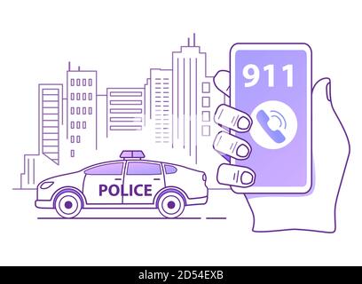 Calling a police patrol car. Hand holds smartphone. Mobile emergency application. Stock Vector